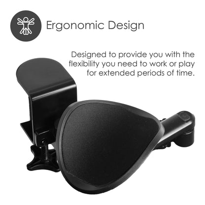 Desire2 MouseMate musestøtte sort, tekst "Ergonomic Design" og bi-ikon øverst til venstre.