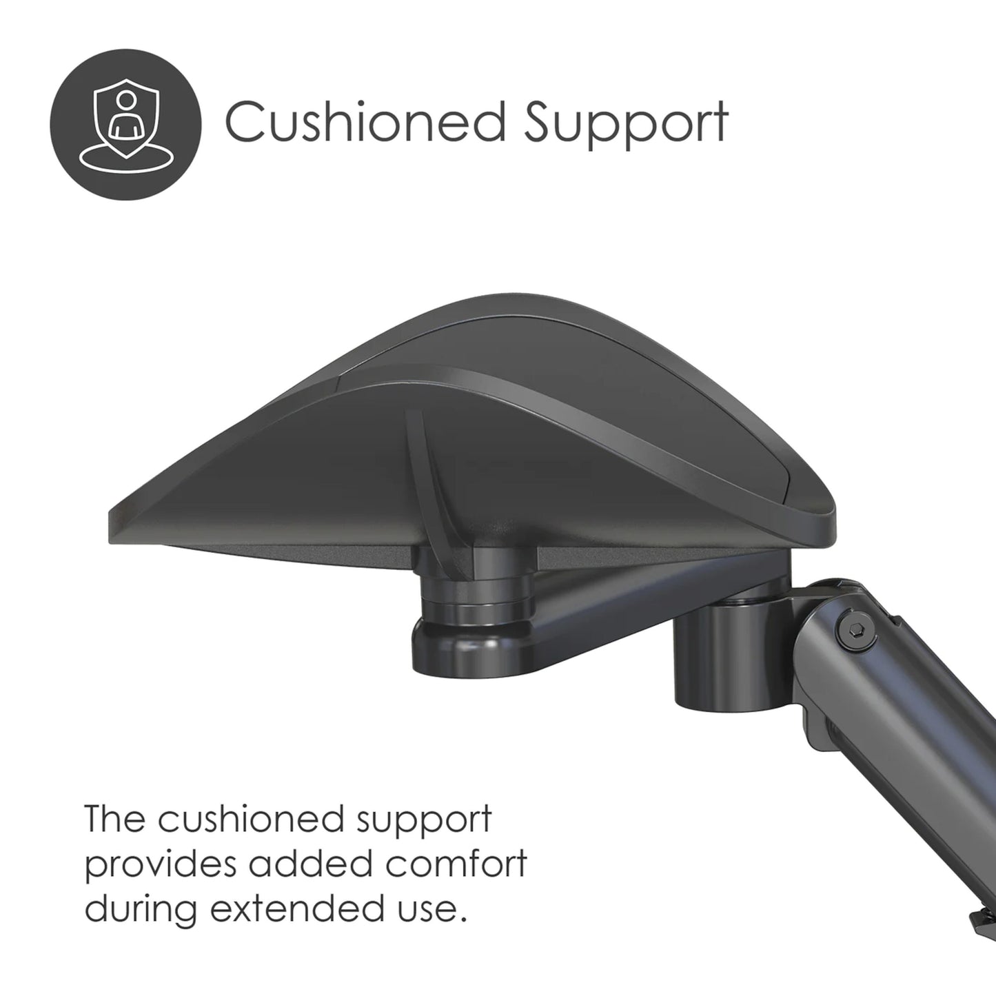 Desire2 MouseMate musestøtte sort med teksten Cushioned Support, ergonomisk armstøtte til komfort og håndledsstøtte.