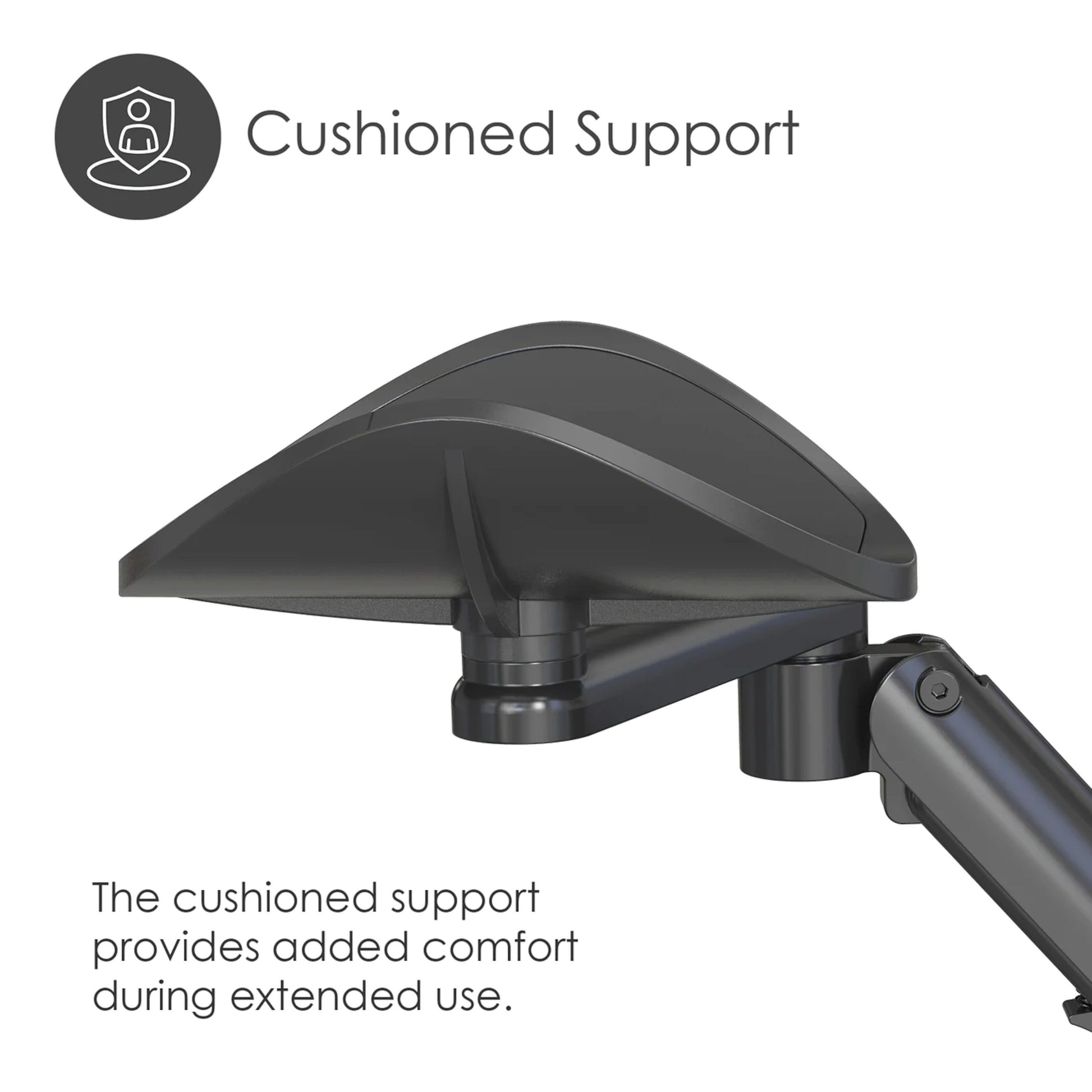 Desire2 MouseMate musestøtte sort med teksten Cushioned Support, ergonomisk armstøtte til komfort og håndledsstøtte.