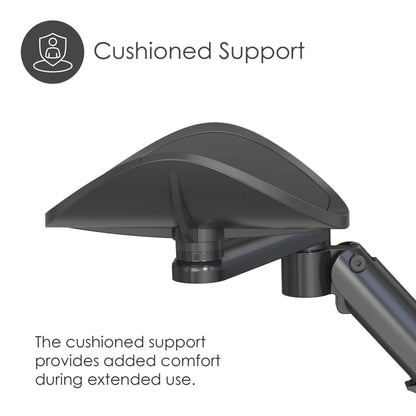 Desire2 MouseMate musestøtte sort med teksten Cushioned Support, ergonomisk armstøtte til komfort og håndledsstøtte.