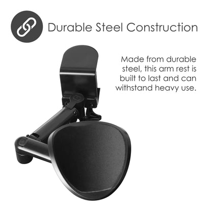 Desire2 MouseMate musestøtte, sort ergonomisk pude med metalramme og chain link-ikon, "Durable Steel Construction" tekst.