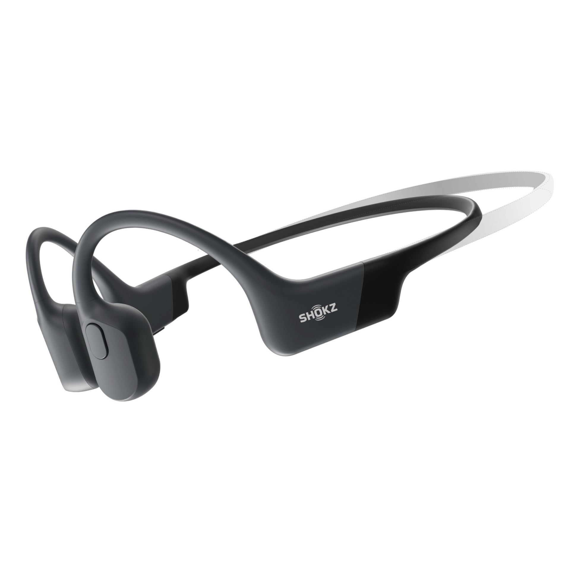Shokz OpenRun Mini trådløse øretelefoner USB-C med benledningsteknologi og slankt buet bånd over ørerne og bag hovedet.