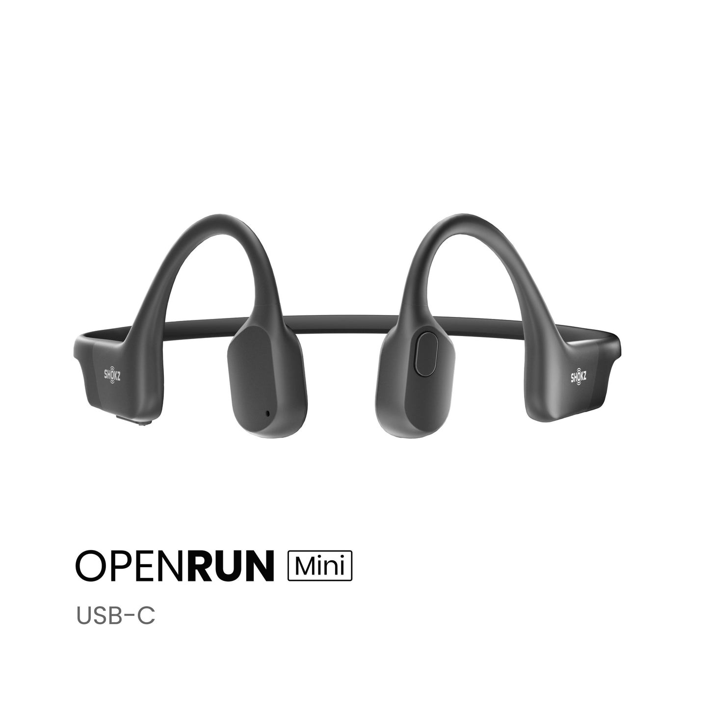 Shokz OpenRun Mini trådløse sorte øretelefoner med benledningsteknologi, wraparound-bånd, USB-C, tekst: OPENRUN Mini USB-C.