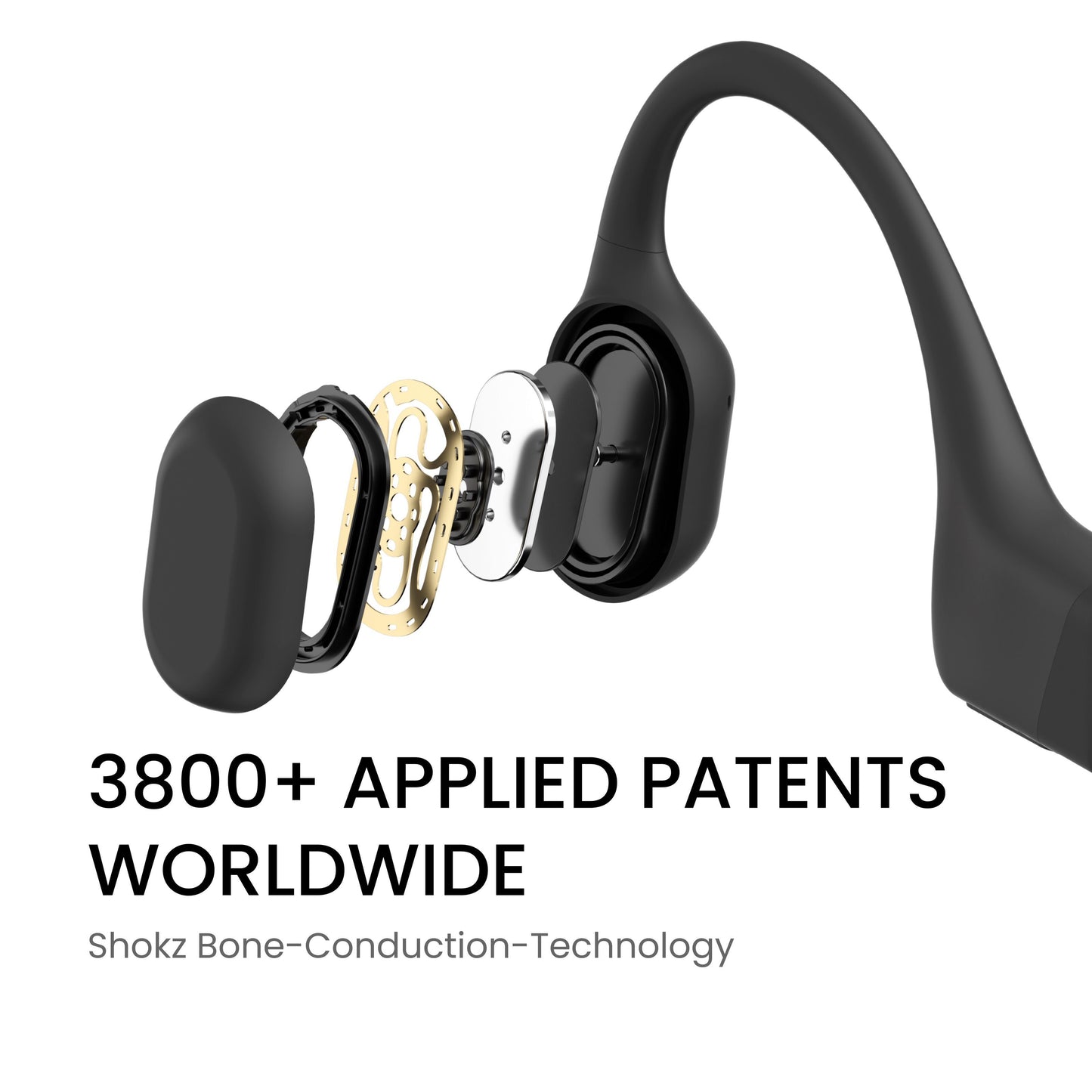 Shokz OpenRun Mini trådløse øretelefoner USB-C, eksplosionstegning af interne dele og bone-conduction teknologi, 3800+ patenter.
