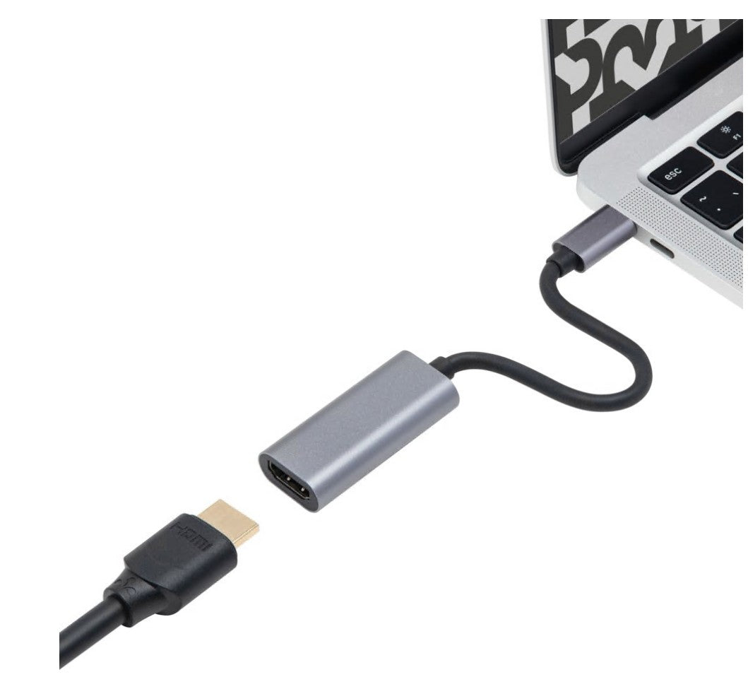 USB-C til HDMI-adapter tilsluttet en laptop, HDMI-kabel klar, 4K-understøttelse, sort.