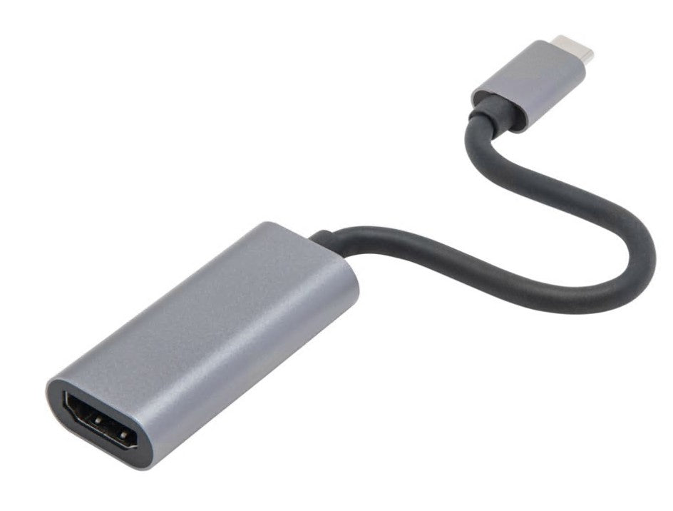 USB-C til HDMI-adapter, grå, kort sort kabel, understøtter 4K.