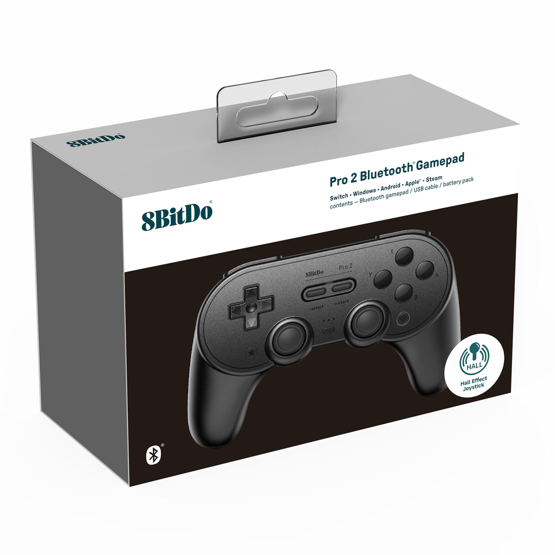 8Bitdo Pro 2 Bluetooth Hall Edition Håndkontrol Sort æske med sort controller, Hall-effektsensor, to bagknapper, Switch/Windows/Android.