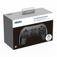 8Bitdo Pro 2 Bluetooth Hall Edition Håndkontrol Sort æske med sort controller, Hall-effektsensor, to bagknapper, Switch/Windows/Android.
