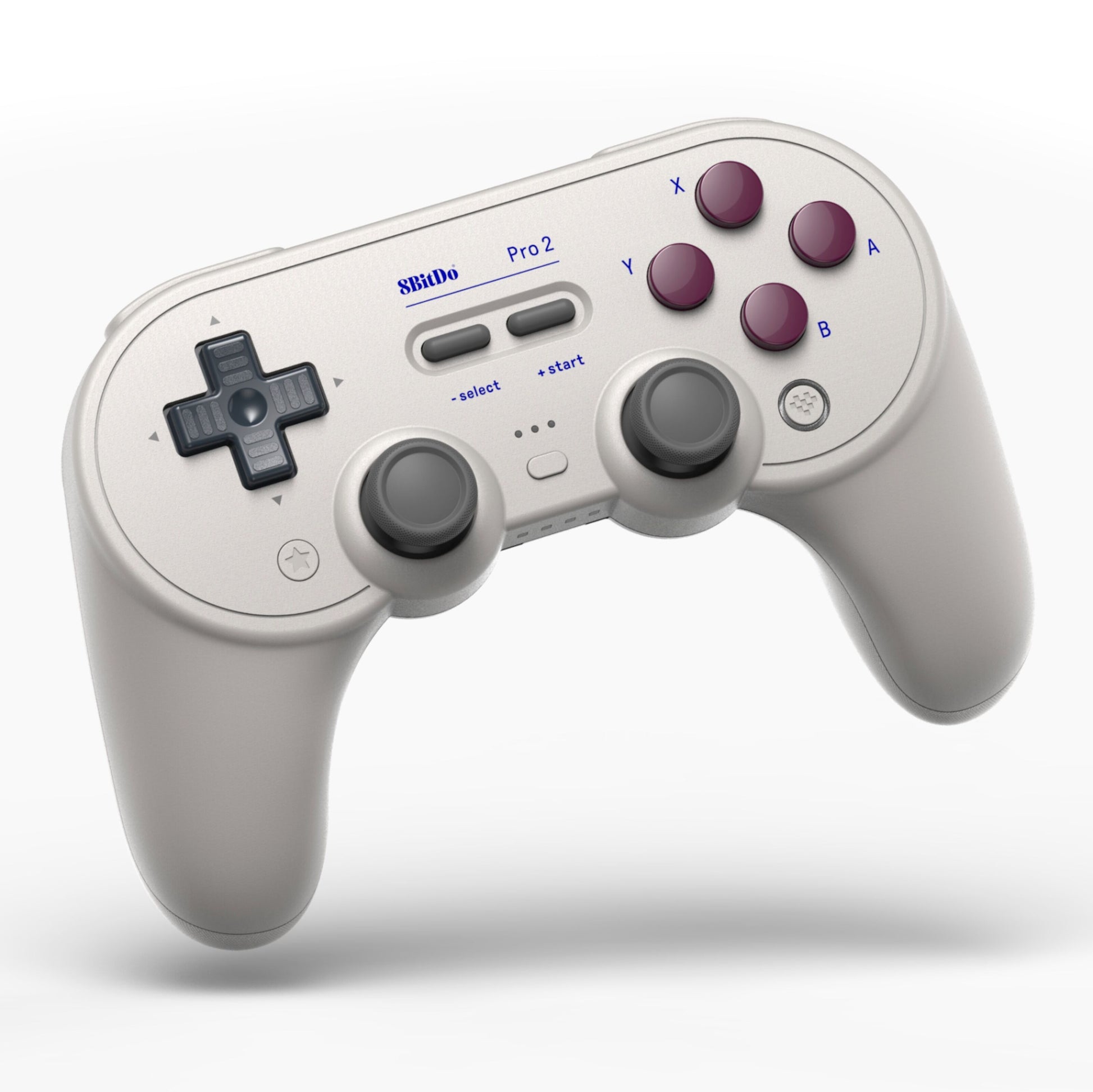 8Bitdo Pro 2 Bluetooth Hall Edition controller klassisk lysegrå med D-pad, to joysticks, skulderknapper, lilla A/B/X/Y til Switch.