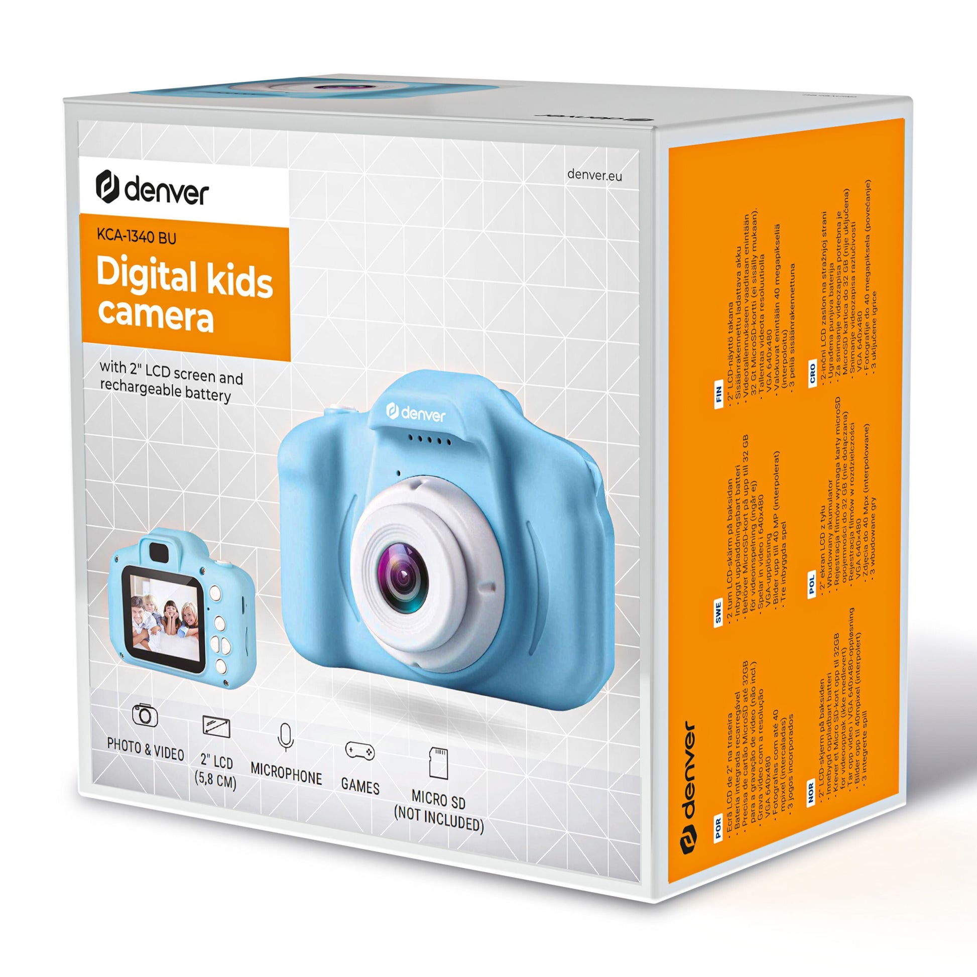 Denver digitalkamera med selfielinse til børn blå, 2" LCD, genopladeligt batteri, spil, mikrofon, foto/video, uden Micro SD-kort.