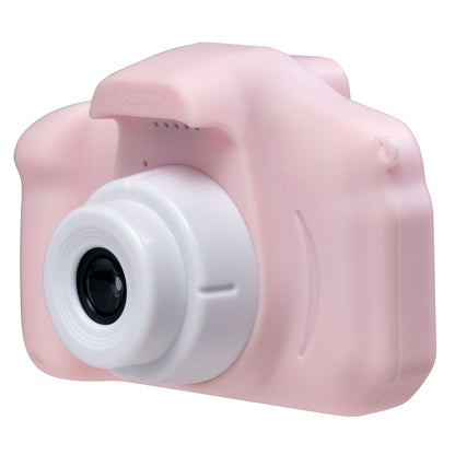 Denver børne digitalkamera med selfielinse, pink, hvid linse, vises fra vinkel.
