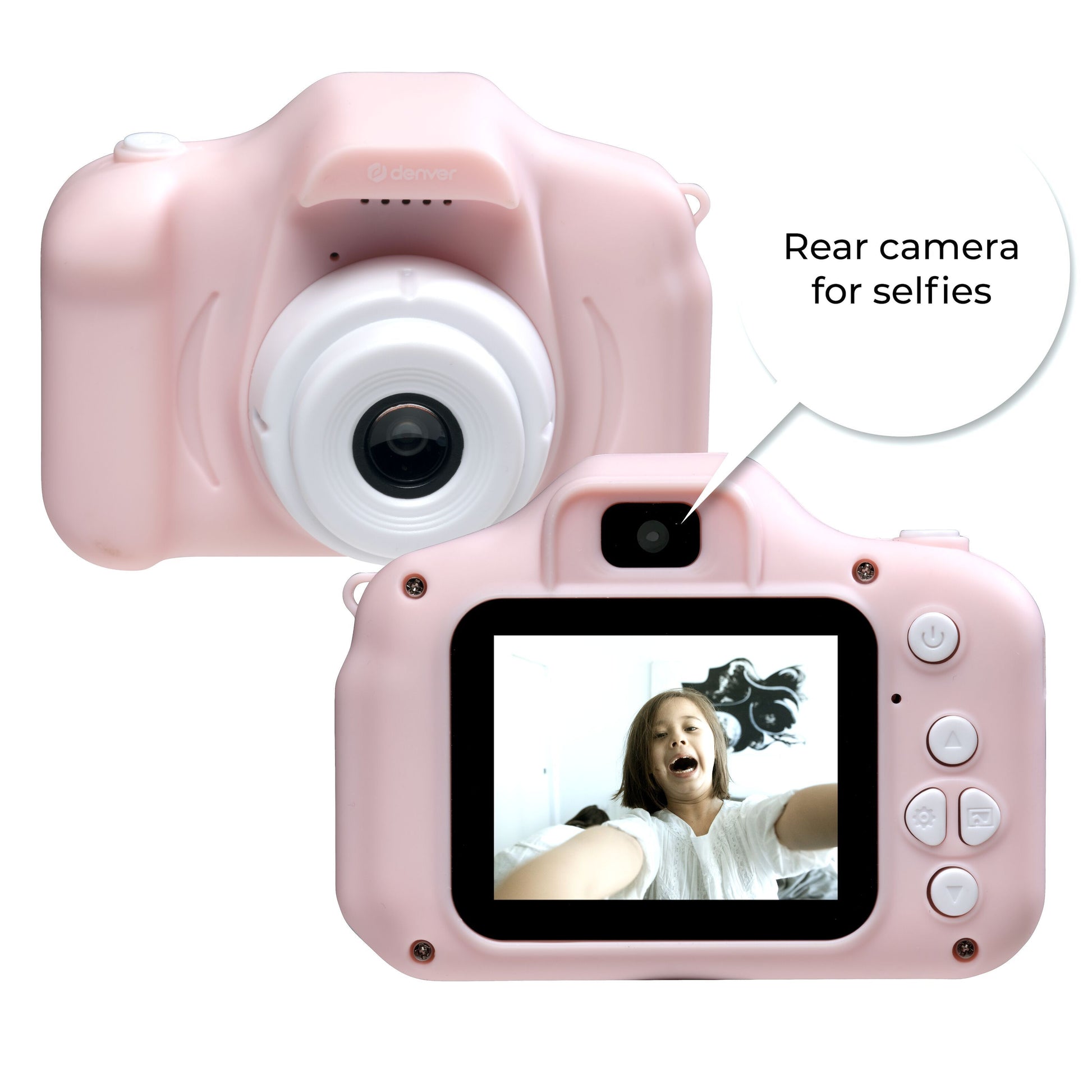 Denver digitalkamera til børn, pink, selfielinse, forside med selfie på skærmen, bagkamera markeret.
