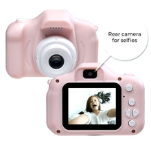 Denver digitalkamera til børn, pink, selfielinse, forside med selfie på skærmen, bagkamera markeret.