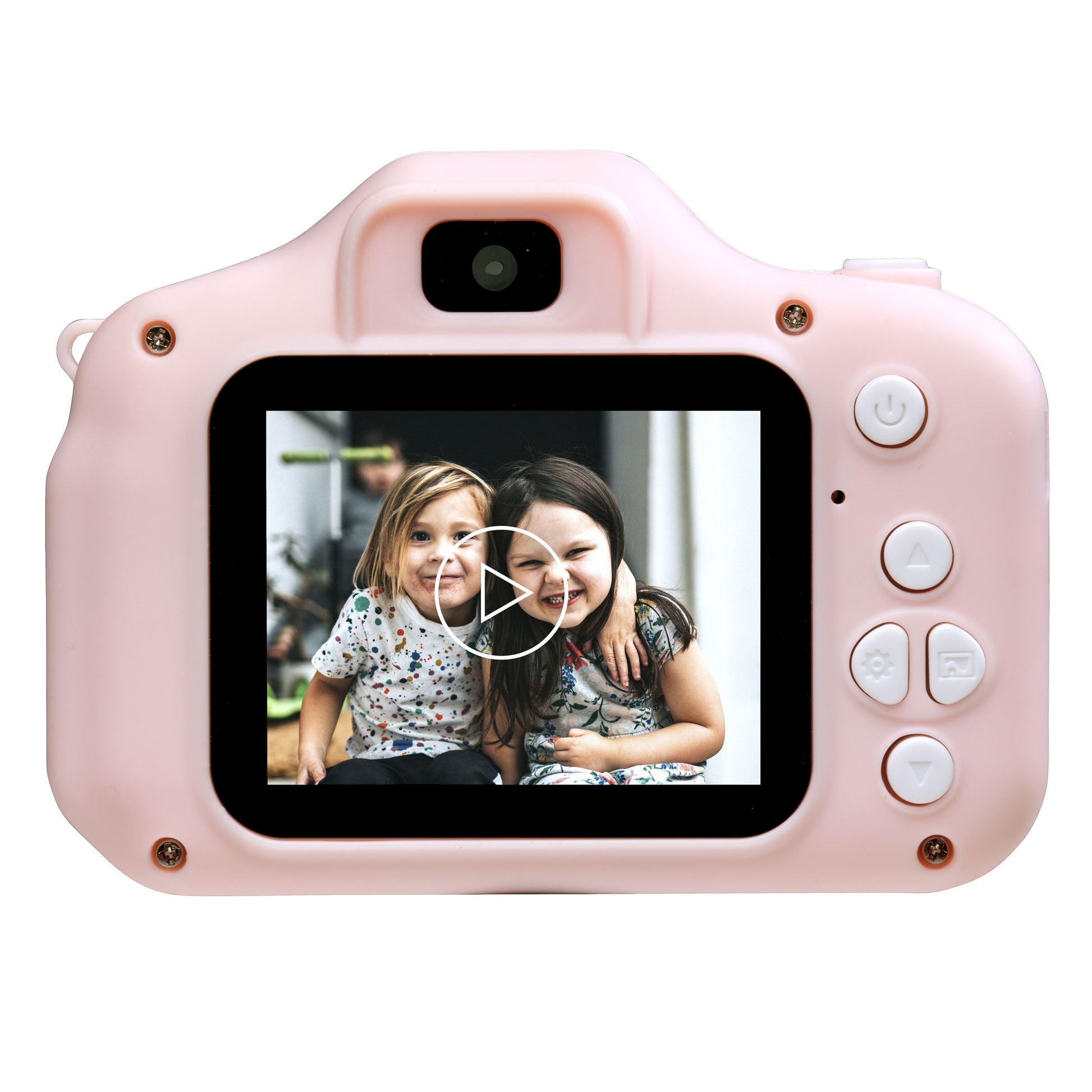 Denver digitalkamera med selfielinse til børn Pink, til børn ses på skærmen, hvide knapper til højre.