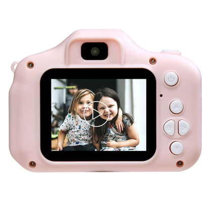 Denver digitalkamera med selfielinse til børn Pink, til børn ses på skærmen, hvide knapper til højre.