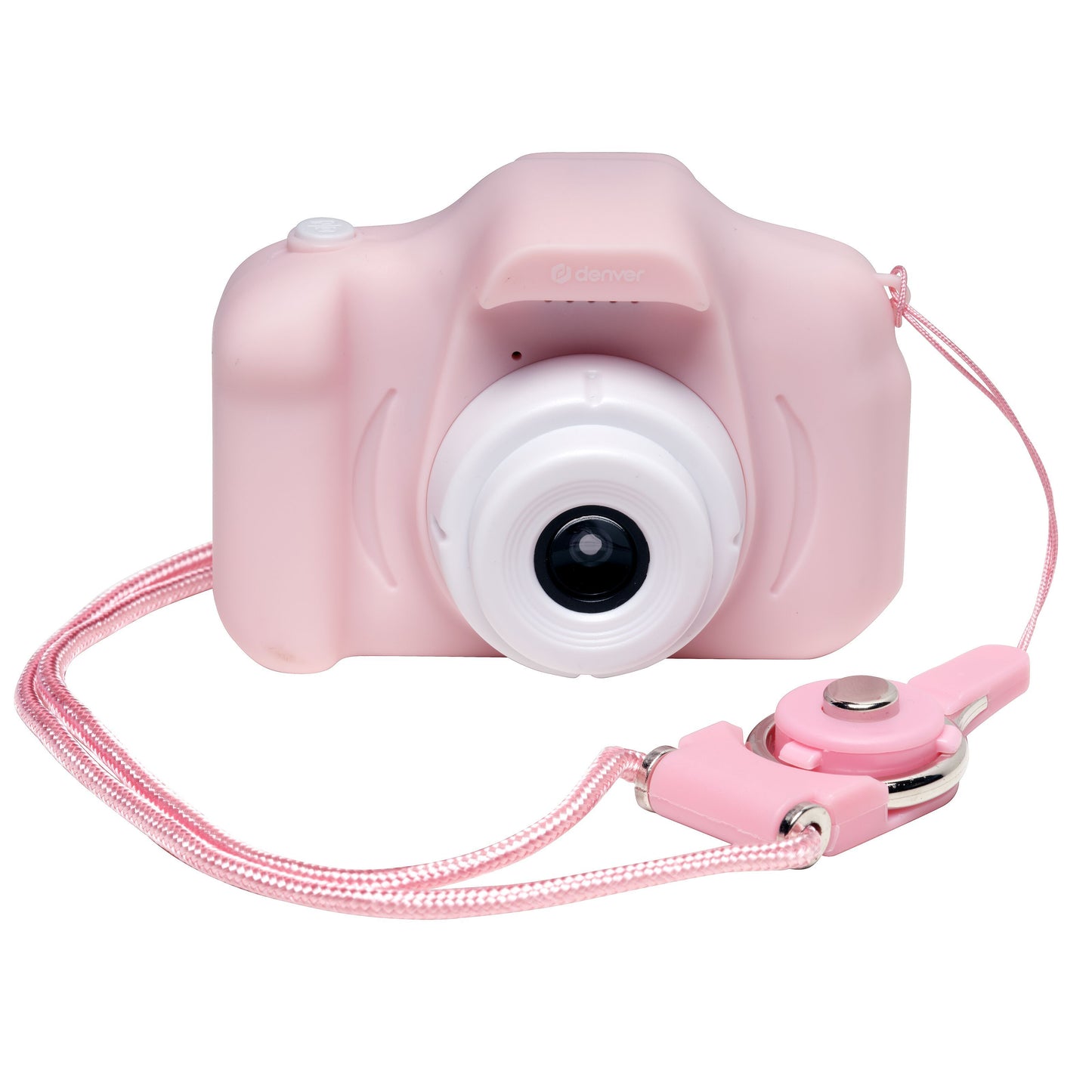 Denver Digitalkamera med selfielinse til børn, lyserød med hvid linse og matchende pink håndledsrem.