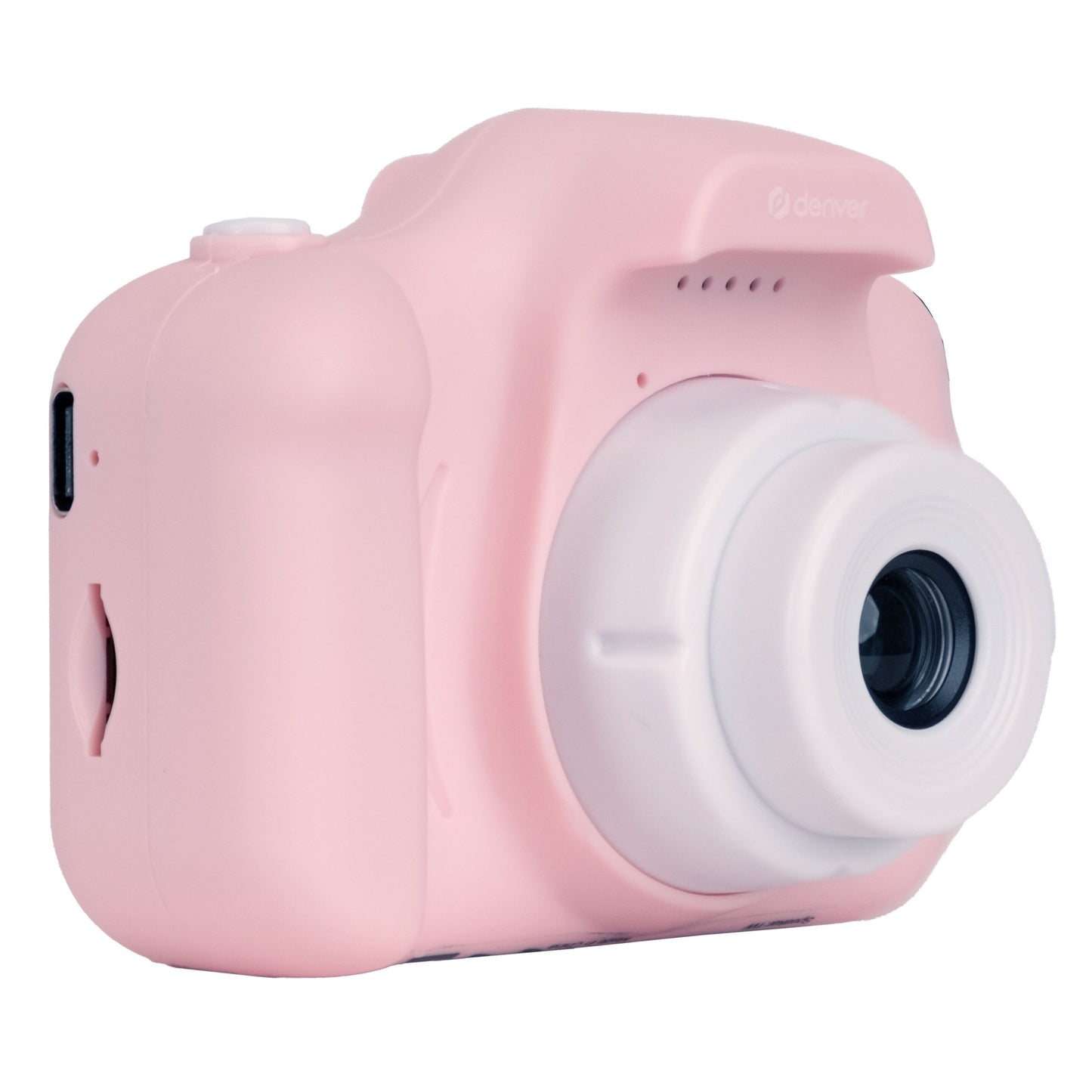 Denver børne-digitalkamera, pink, stor hvid selfielinse, afrundede kanter, enkle knapper og kompakt greb.