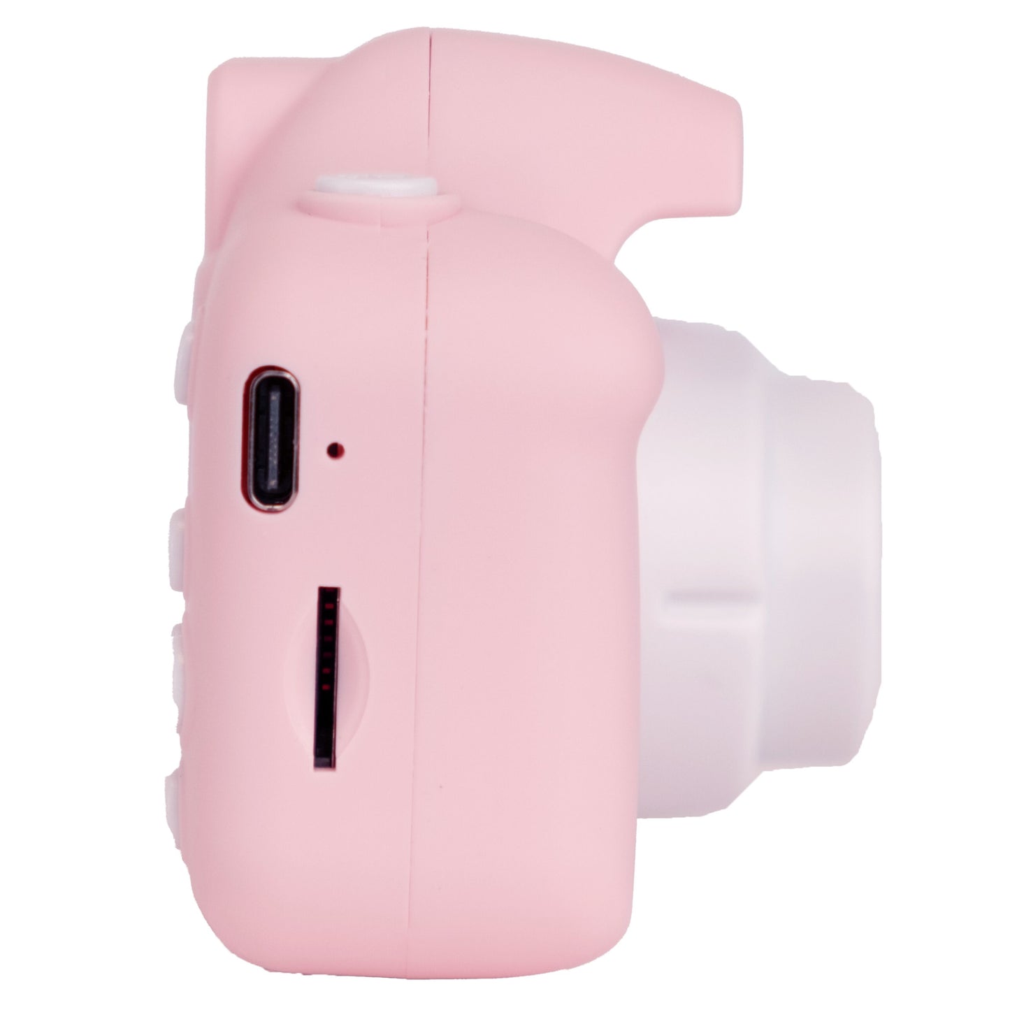 Denver digitalkamera med selfielinse til børn, pink, side, USB-port, hukommelseskortslot, hvide knapper, hvid linse.