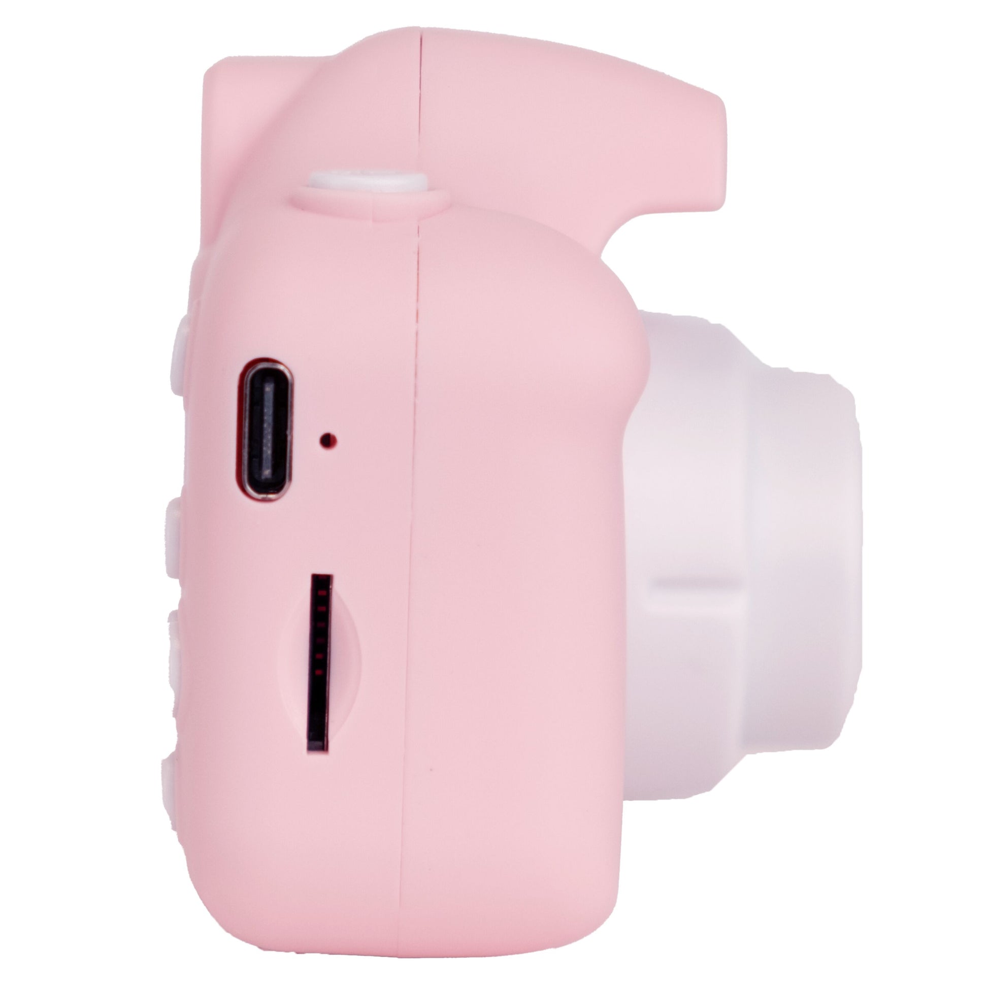 Denver digitalkamera med selfielinse til børn, pink, side, USB-port, hukommelseskortslot, hvide knapper, hvid linse.