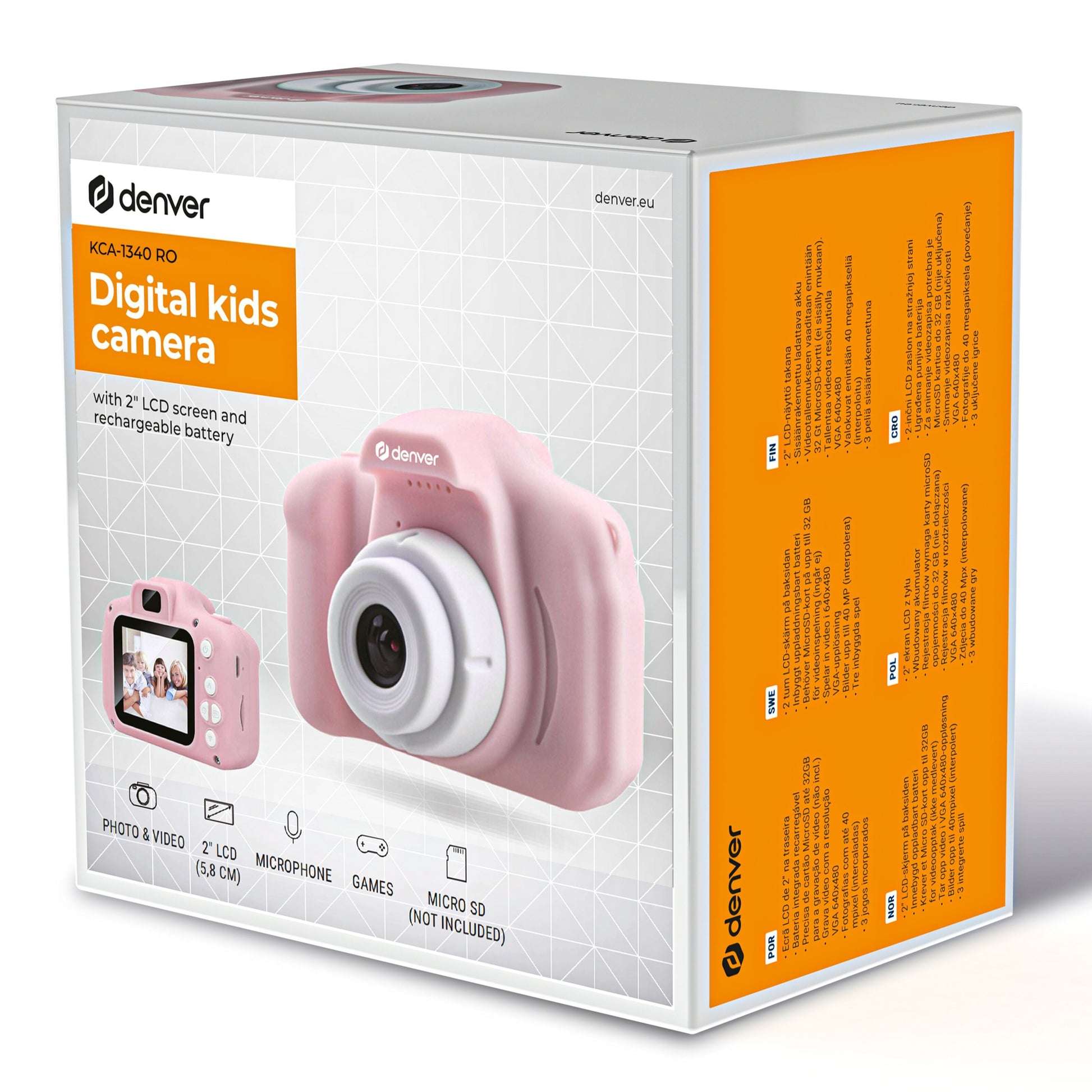 Denver digitalkamera til børn i pink med selfielinse, 2" LCD-skærm, genopladeligt batteri, vises i original æske.