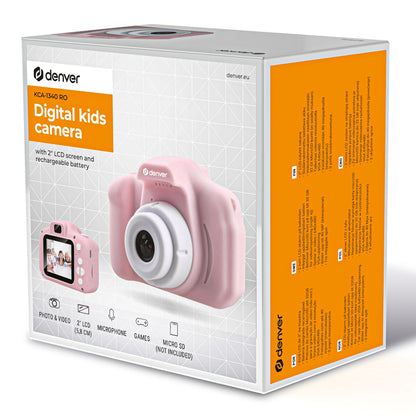 Denver digitalkamera til børn i pink med selfielinse, 2" LCD-skærm, genopladeligt batteri, vises i original æske.