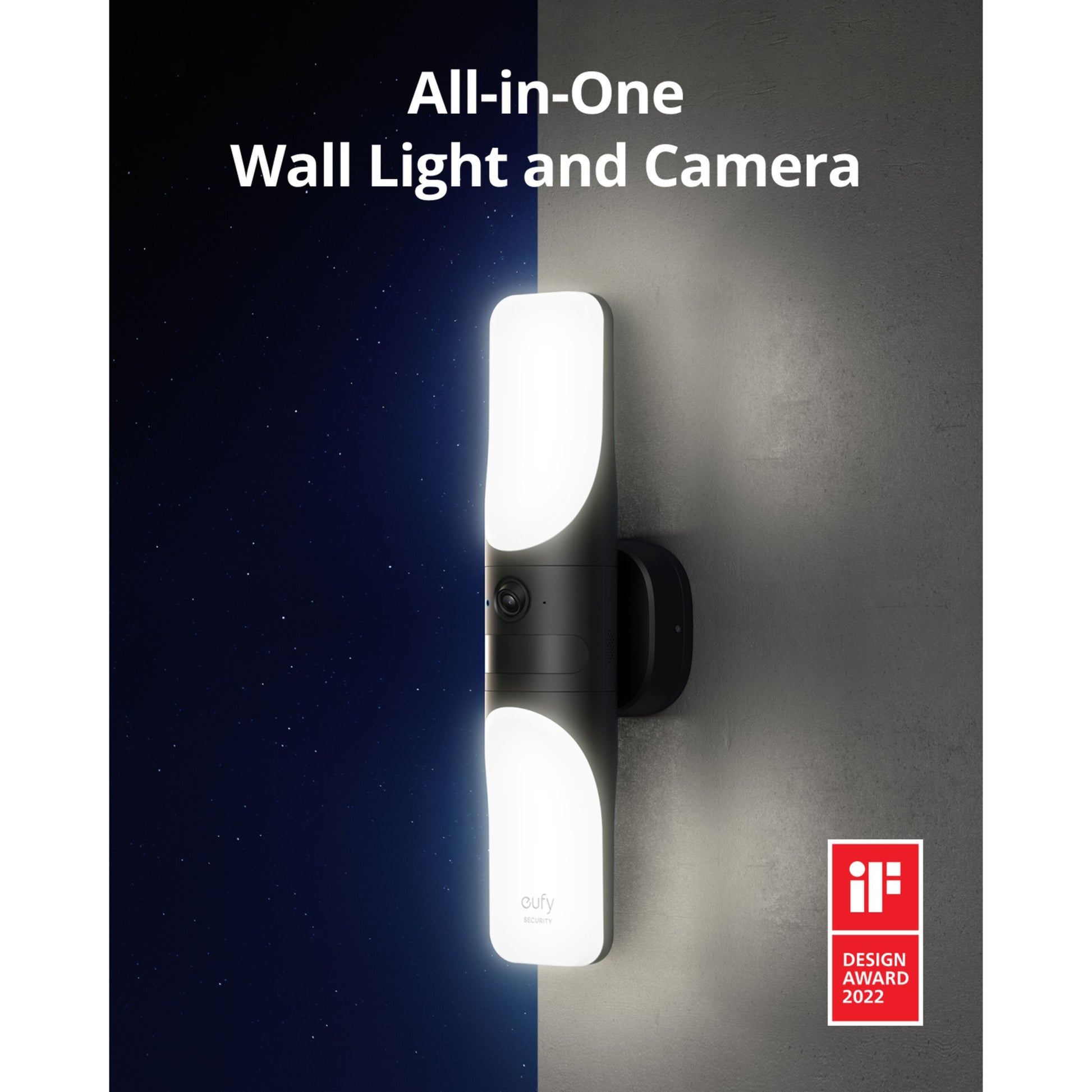 Eufy Væglampe med kamera S100 monteret på væg, All-in-One Wall Light and Camera, iF Design Award 2022-logo.