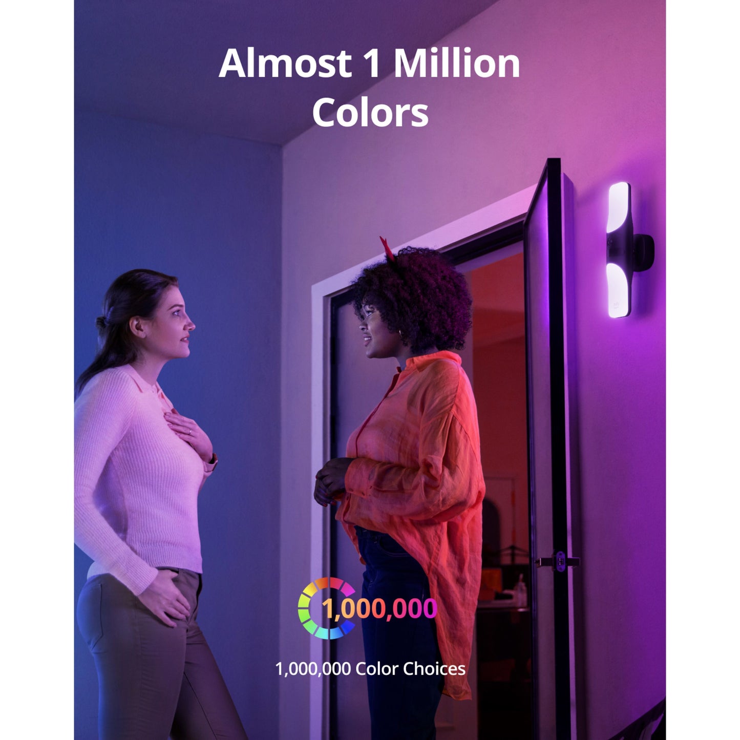 Eufy Væglampe med kamera S100 lyser rummet op i lilla, tekst "Almost 1 Million Colors" og farvemåler vises.