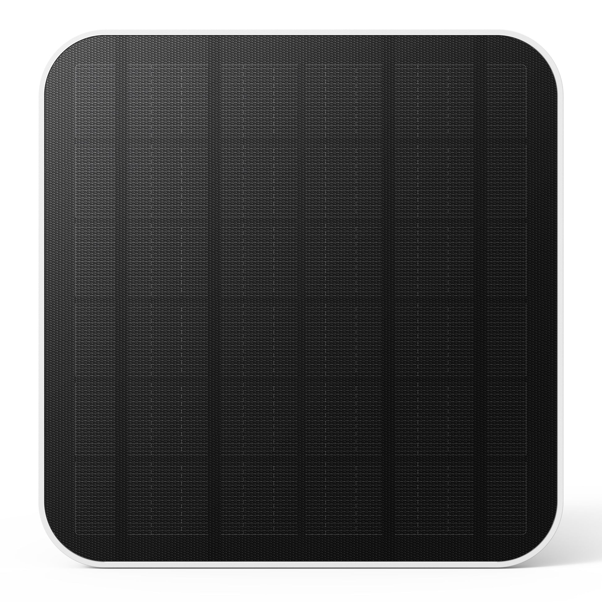 Eufy S330 4G LTE sort solcelledrevet overvågningskamera solpanel, lodrette gitterlinjer, afrundede hjørner, hvid kant.