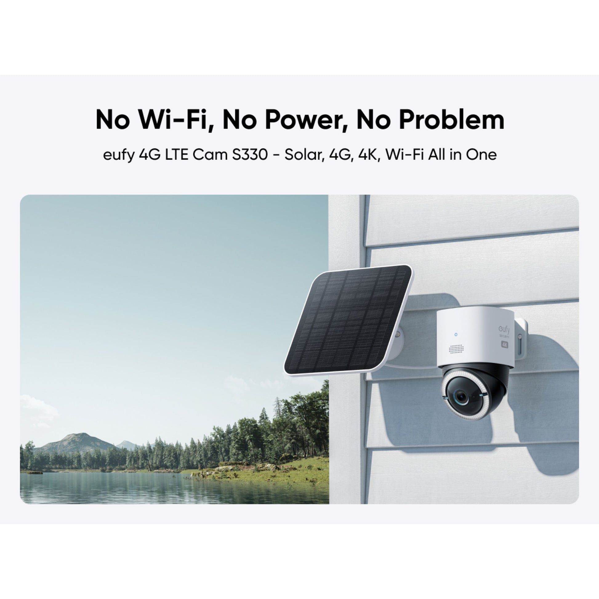 Eufy S330 4G LTE solcelledrevet overvågningskamera monteret på væg udendørs med lokal lagring.