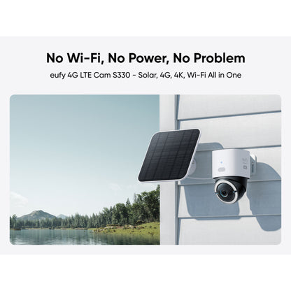 Eufy S330 4G LTE solcelledrevet overvågningskamera monteret på væg udendørs med lokal lagring.