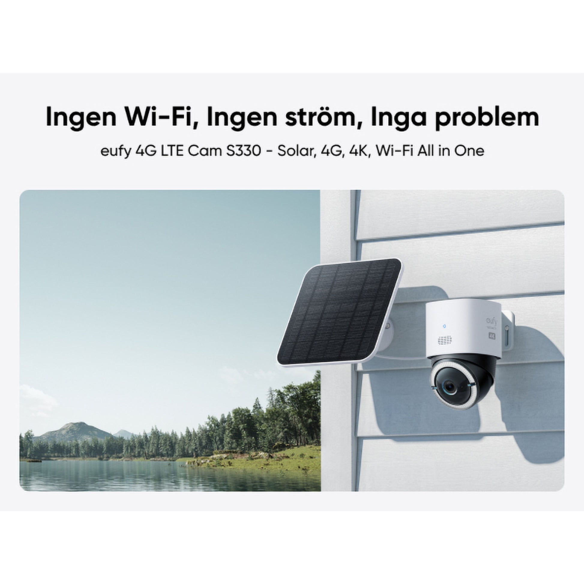 Eufy 4G LTE solcelledrevet overvågningskamera S330 monteret på væg, svensk tekst om overvågning uden strøm eller WiFi.
