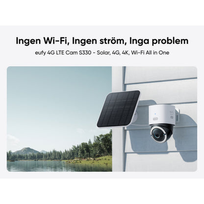 Eufy 4G LTE solcelledrevet overvågningskamera S330 monteret på væg, svensk tekst om overvågning uden strøm eller WiFi.