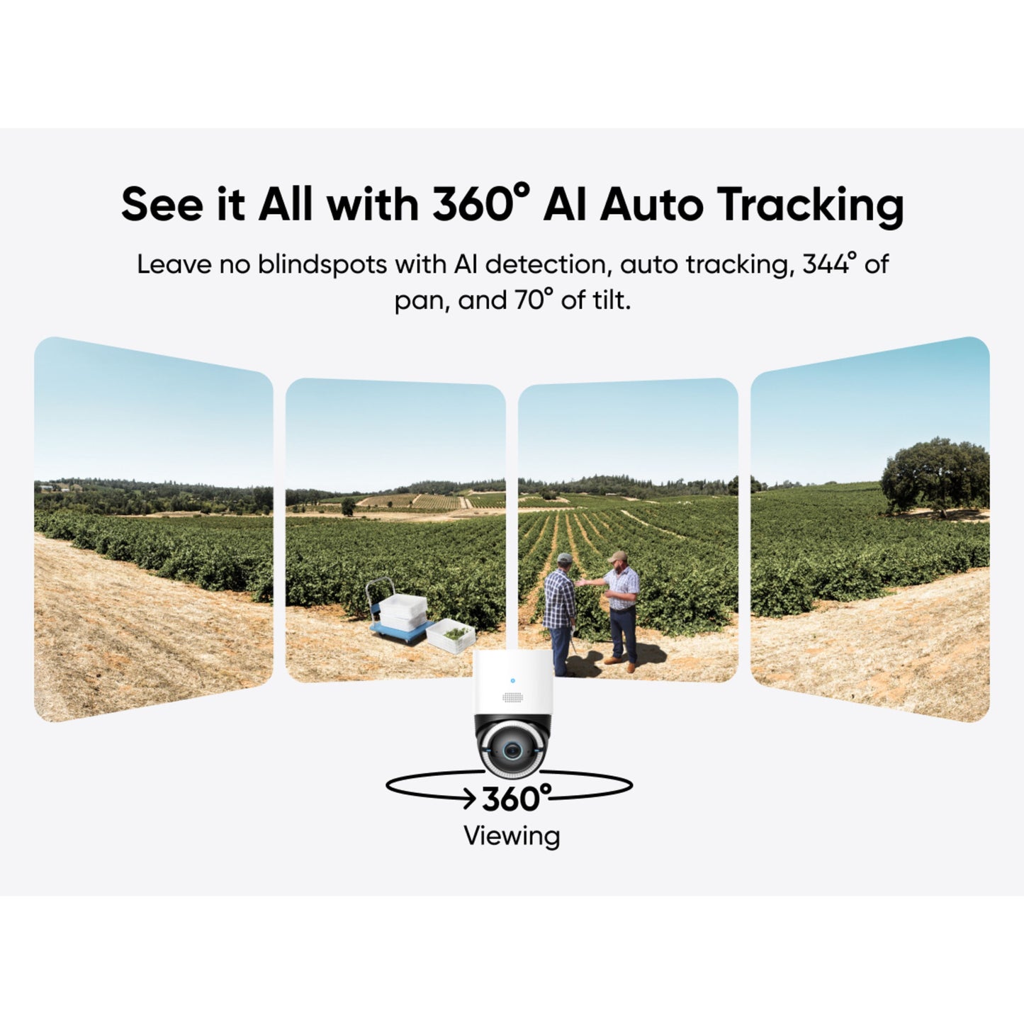 Eufy S330 4G LTE solcelledrevet overvågningskamera med 360° AI-sporing, 344° panorering, 70° hældning og lokal lagring.