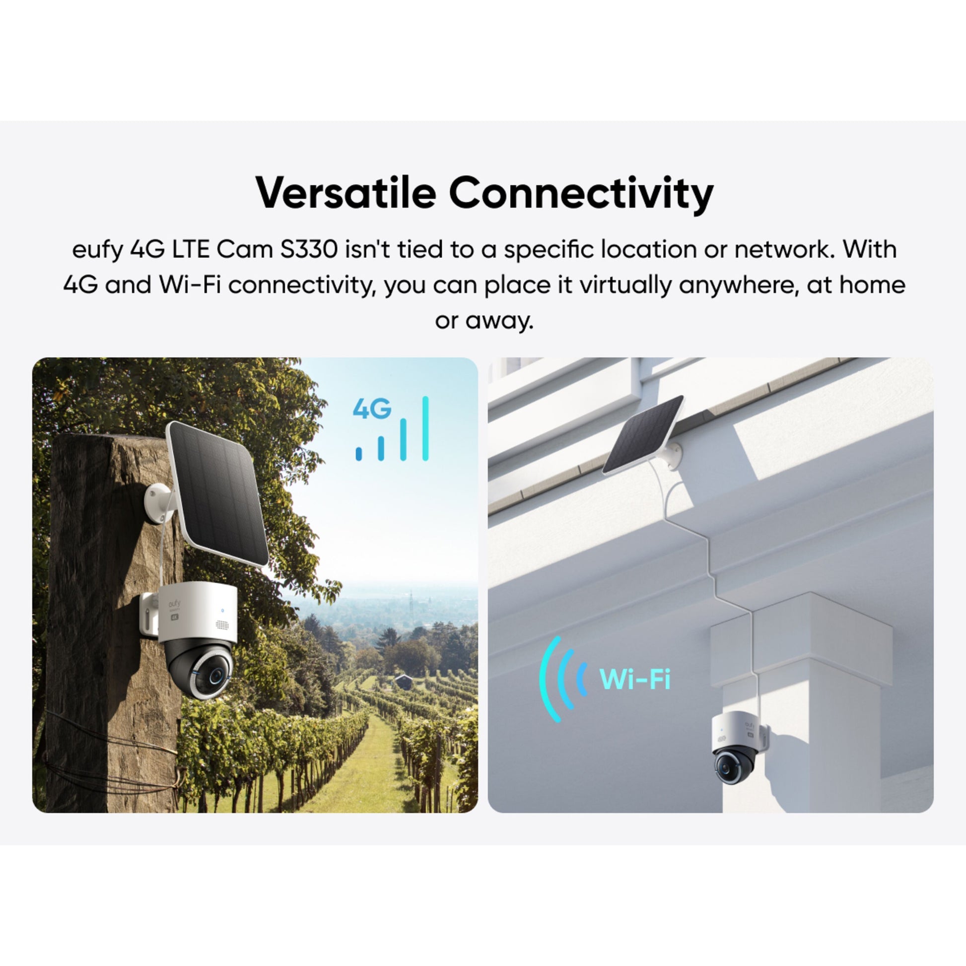 Eufy 4G LTE solcelledrevet overvågningskamera S330 vises brugt uden strøm/wifi og med wifi ved bolig.