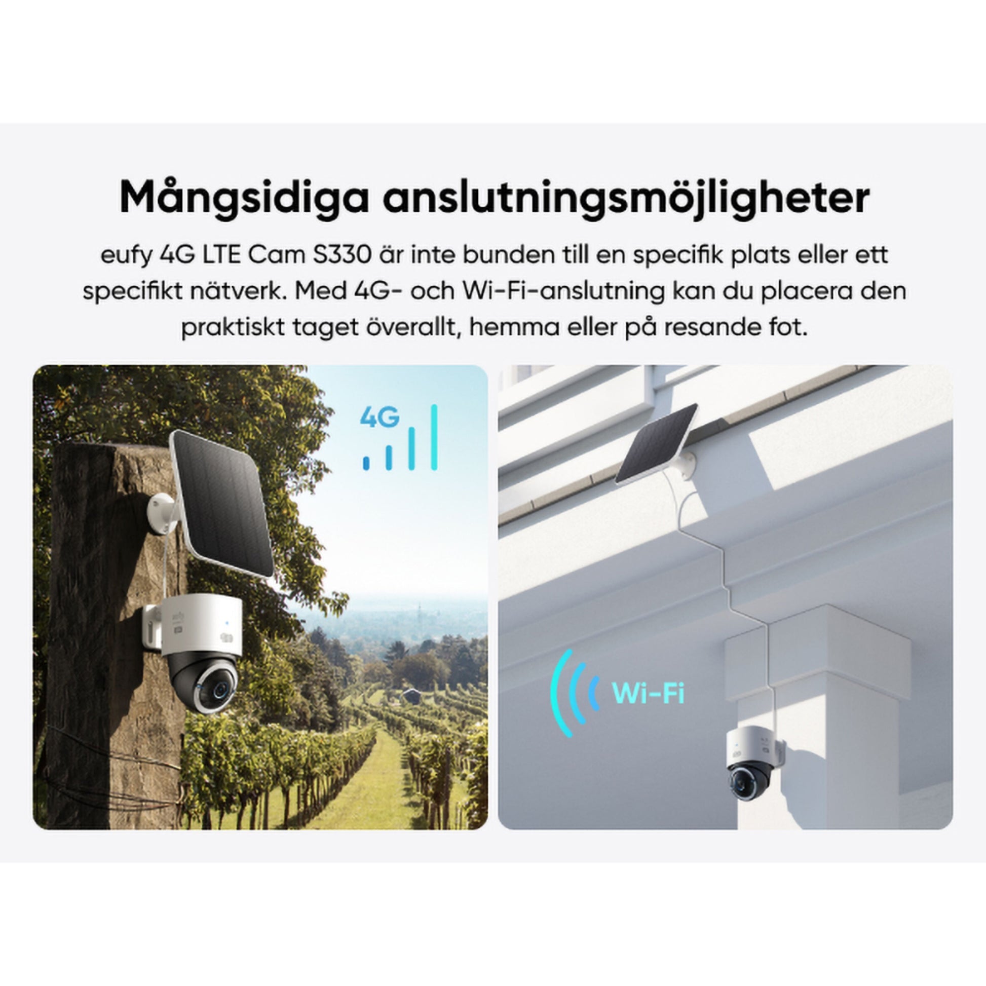 Eufy S330 4G LTE solcelledrevet udendørs overvågningskamera, separat solpanel med Wi-Fi på hus, svensk tekst vises.