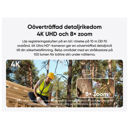 Eufy S330 4G LTE solcelledrevet overvågningskamera, 4K bred vinkel, 8x zoom, svensk tekst på billedet.