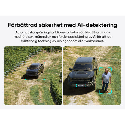 Eufy S330 sort 4G LTE solcelledrevet overvågningskamera med lokal lagring, AI-detektion vises udendørs.