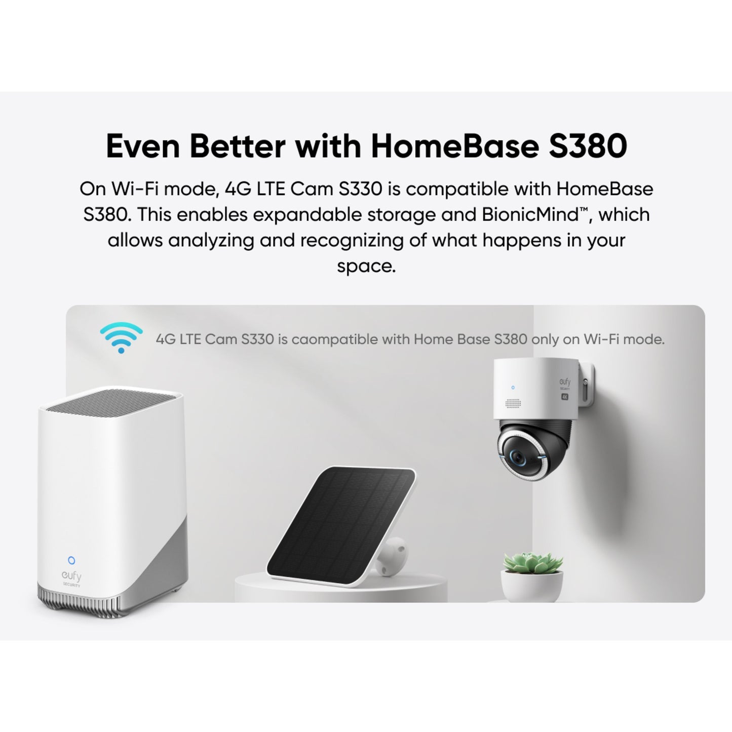 Eufy 4G LTE solcelledrevet overvågningskamera S330 med solpanel og HomeBase S380, Wi-Fi kompatibel, lokal lagring.