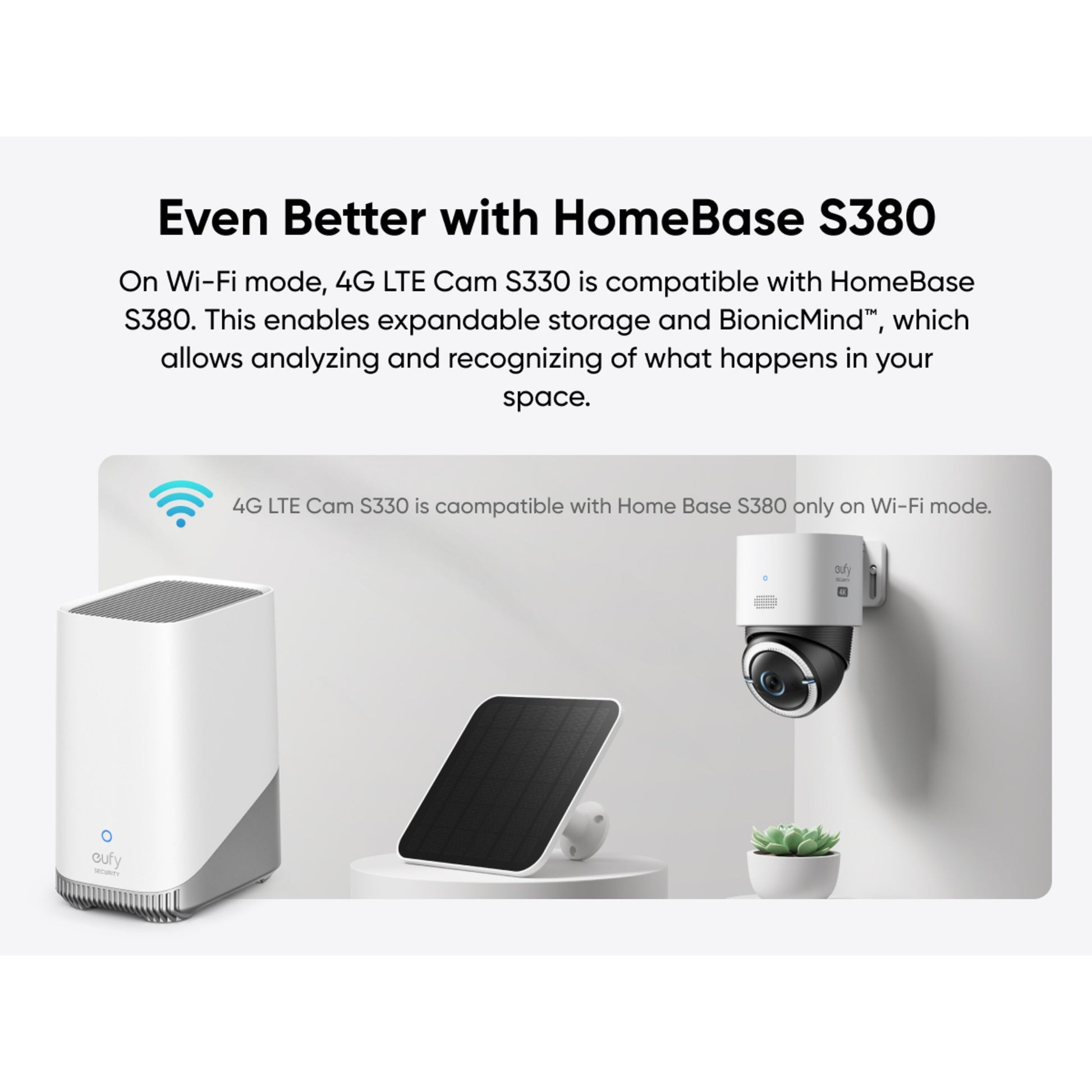 Eufy 4G LTE solcelledrevet overvågningskamera S330 med solpanel og HomeBase S380, Wi-Fi kompatibel, lokal lagring.