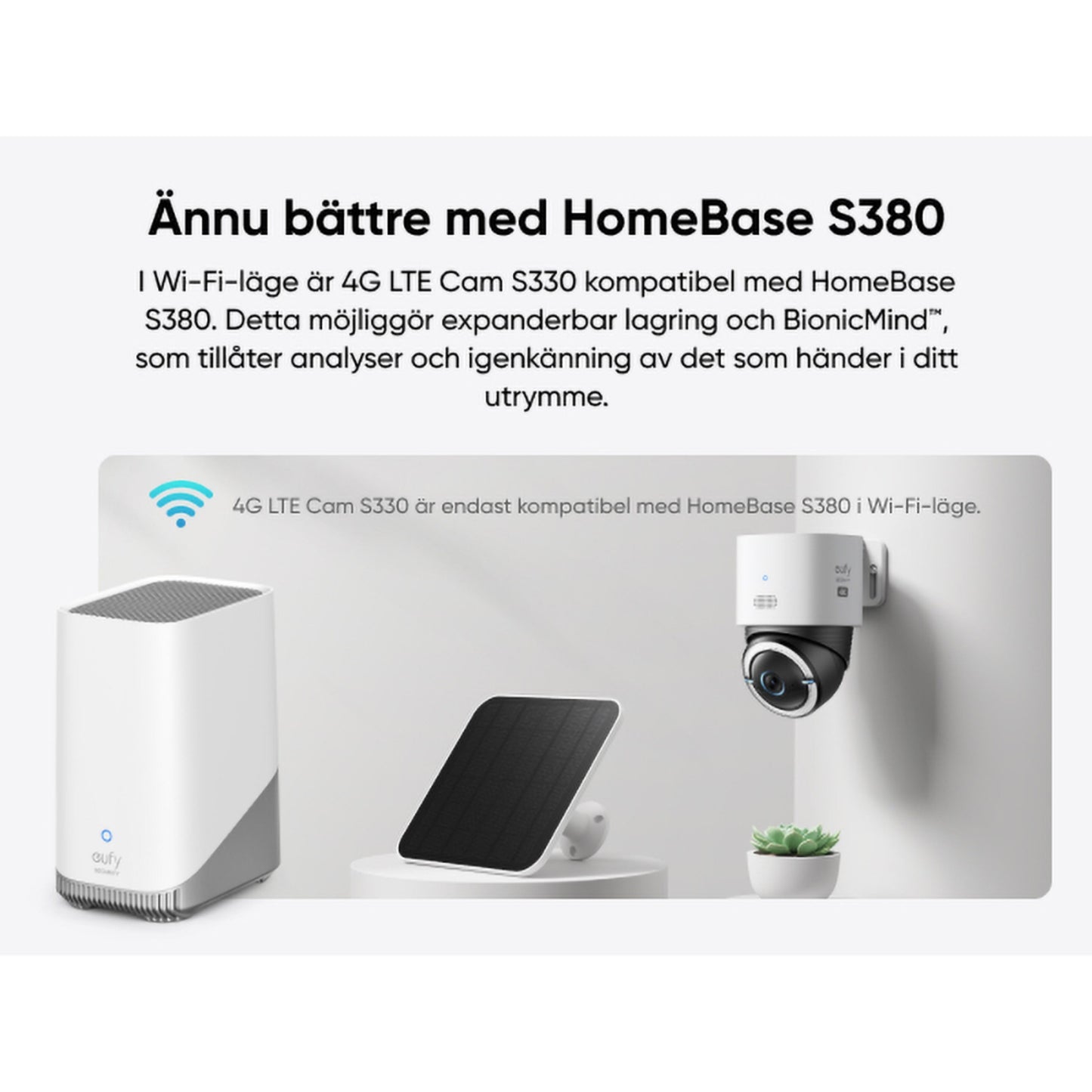 Eufy S330 4G LTE solcelledrevet overvågningskamera med baseenhed og solpanel, lokal lagring, smart genkendelse.