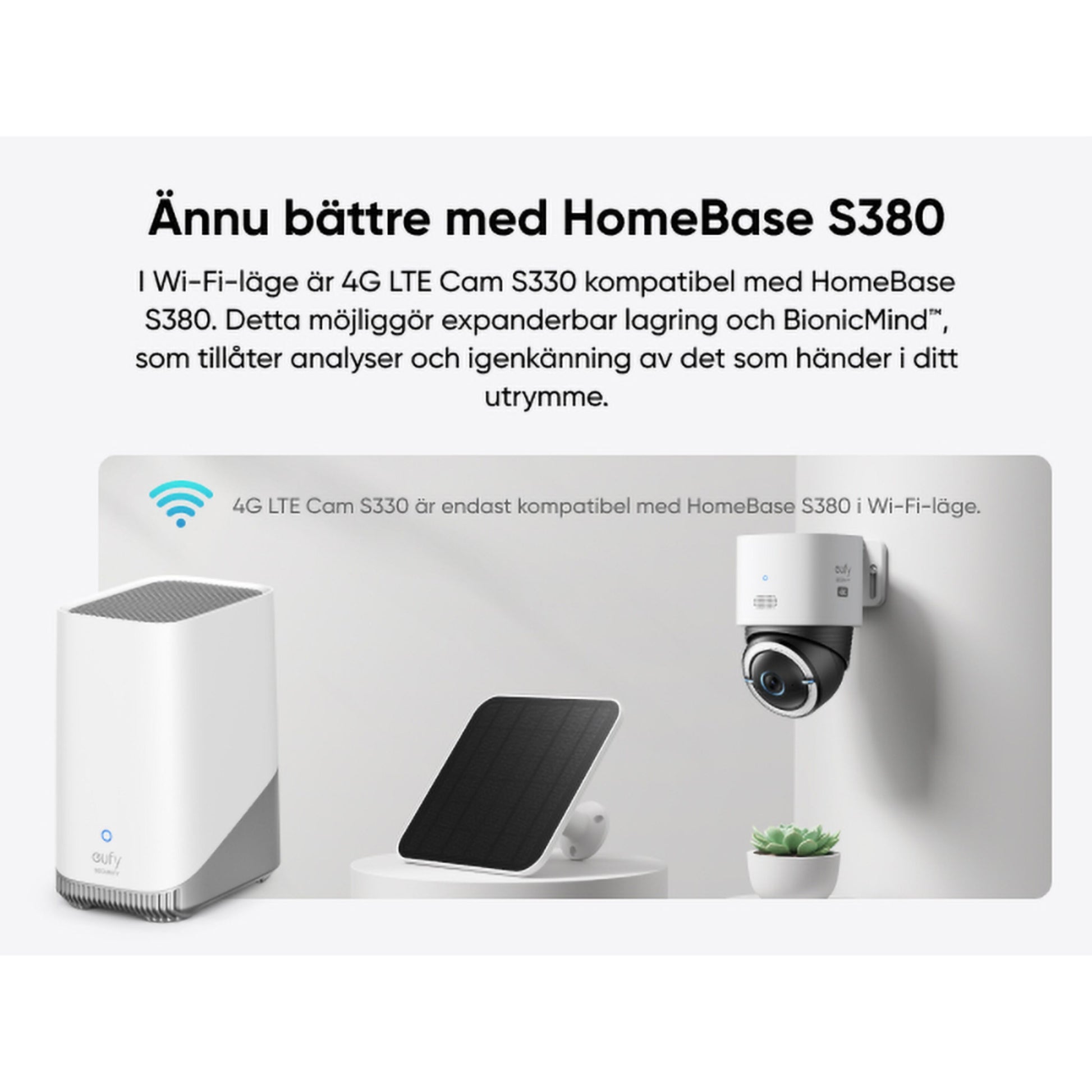 Eufy S330 4G LTE solcelledrevet overvågningskamera med baseenhed og solpanel, lokal lagring, smart genkendelse.