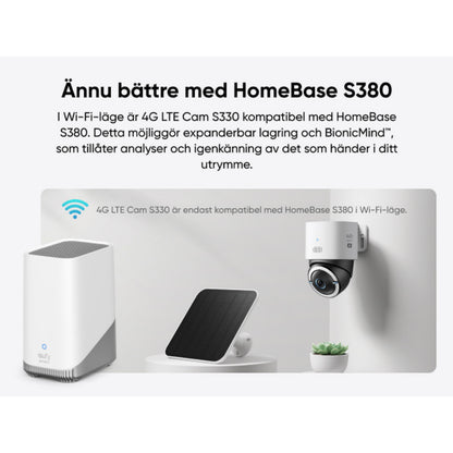 Eufy S330 4G LTE solcelledrevet overvågningskamera med baseenhed og solpanel, lokal lagring, smart genkendelse.