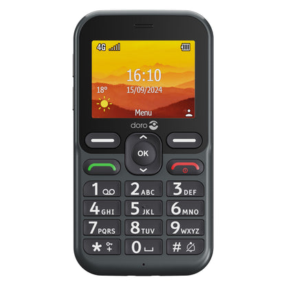 Doro Leva L11 4G mobil, sort, farvedisplay med tid/dato/vejr, store hvide taster, navigationsknapper og SOS-knap.