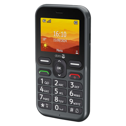 Doro Leva L11 4G mobiltelefon sort, farveskærm med tid, dato, signal, batteri og vejr, store hvide taster og SOS-knap.