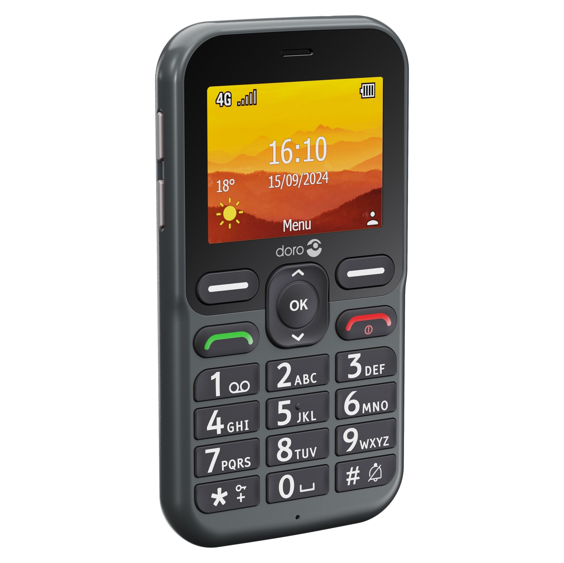 Doro Leva L11 4G mobiltelefon sort/grå, farveskærm med tid/dato/signal/vejr, store knapper, SOS og navigationstast.
