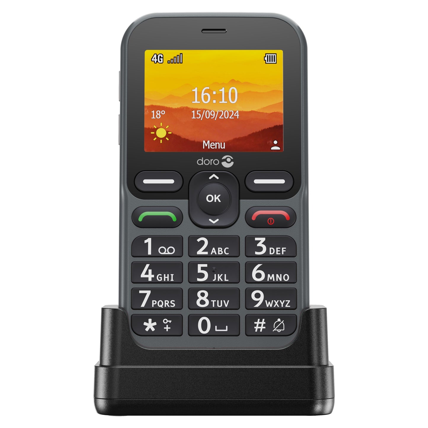 Doro Leva L11 4G mobiltelefon sort i ladestation, farveskærm med tid, dato, signal, batteri, store knapper og SOS-knap.