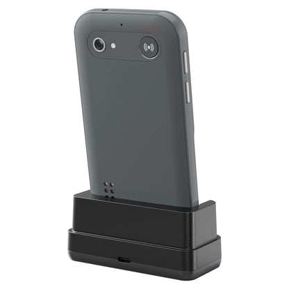 Doro Leva L11 4G mobiltelefon til ældre sort opladerstation, bagfra med SOS-knap, bagkamera, NFC-knap, grå bagside.