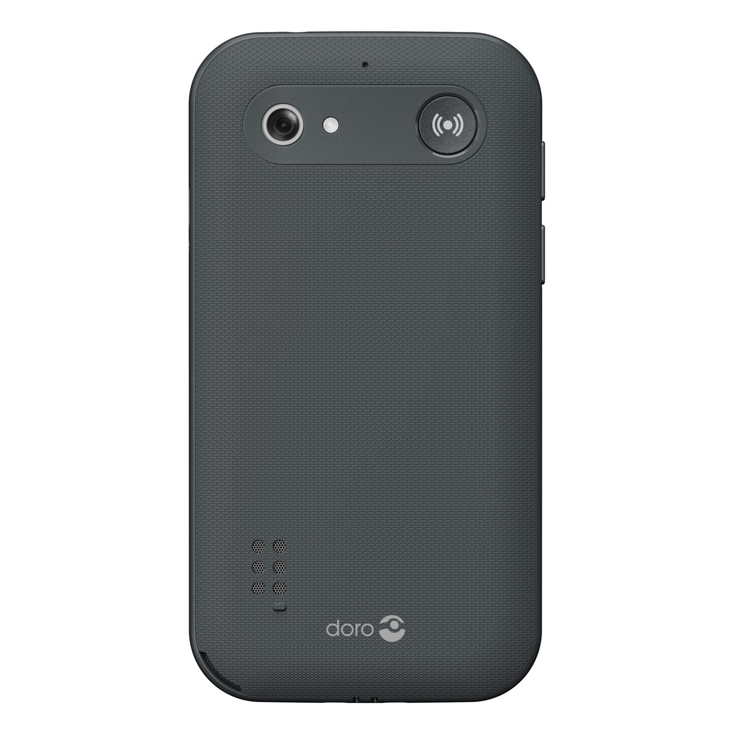 Doro Leva L11 mobiltelefon 4G mørkegrå set bagfra med kamera, blitz, SOS-knap, højttaler og Doro-logo.