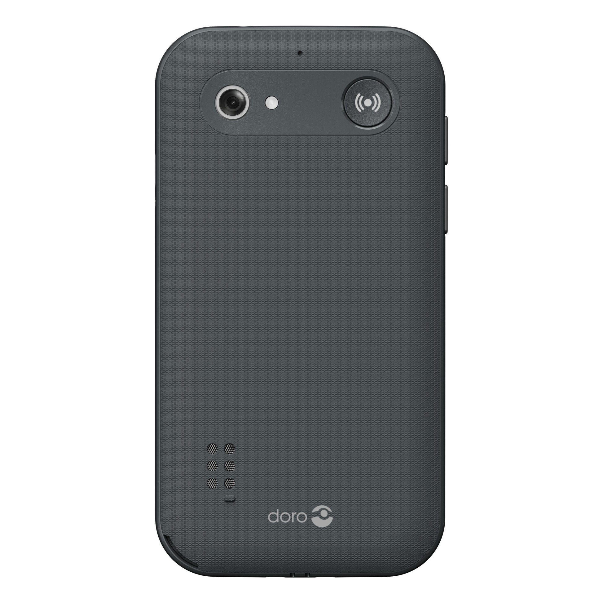 Doro Leva L11 mobiltelefon 4G mørkegrå set bagfra med kamera, blitz, SOS-knap, højttaler og Doro-logo.