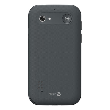 Doro Leva L11 mobiltelefon 4G mørkegrå set bagfra med kamera, blitz, SOS-knap, højttaler og Doro-logo.
